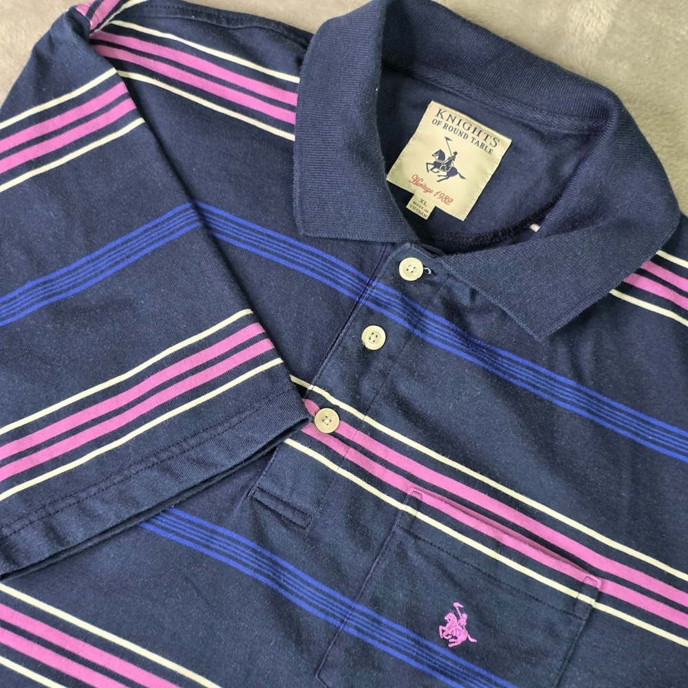 Knights of Round Table Heritage 1982 Mens XL Polo‎ Shirt Navy Blue Pink Striped